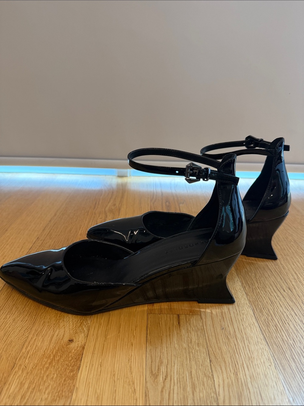 AEROSOLES Black Patent Ankle-Strap Wedge Heels